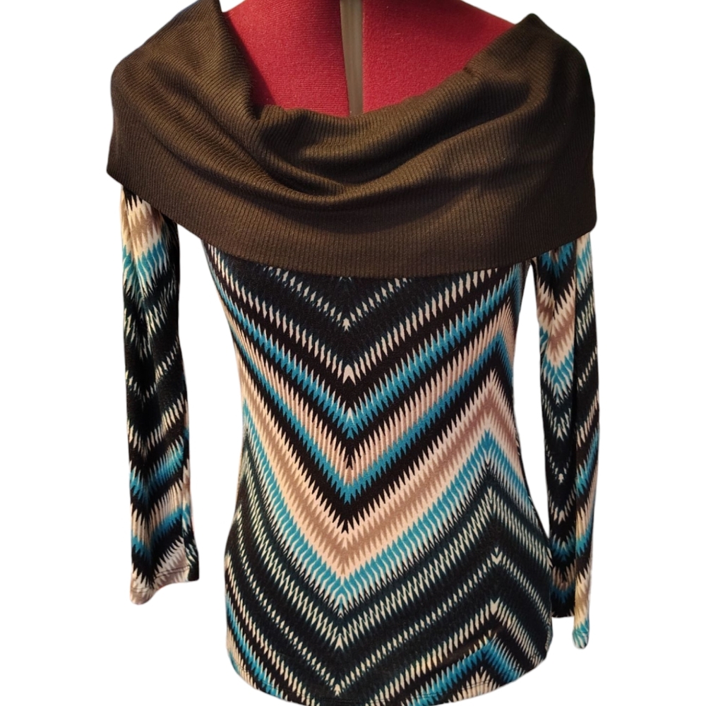 Blue Mint Geometric Black Turquoise Tan Shoulder Collar Sweater Blouse L